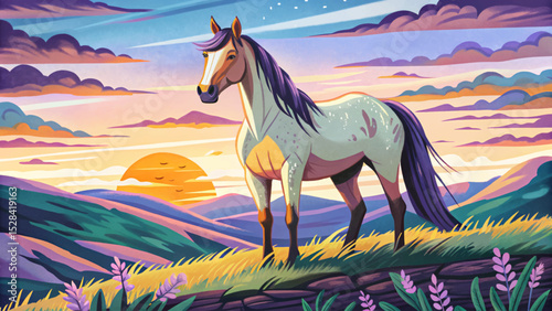 Vector illustration of a majestic horse standing on a hill during golden hour ideal for serene nature scenes, equine art, and peaceful designs