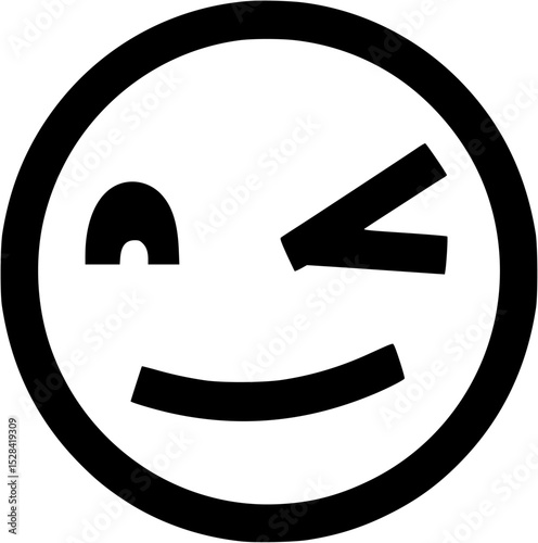 A simple black and white emoji of a winking face, smiling.
