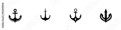Collection of minimalist anchor icons in black and white for nautical themed design