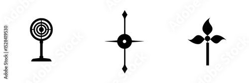 Icon set featuring a vintage fan, compass, and pinwheel for design and creative projects