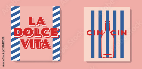 Set of hand drawn vintage posters in dolce vita style. Whimsical drawing of wine bottle and text on striped background