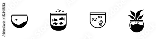 Icon set representing fish bowls and aquatic plants in various designs and arrangements suitable for digital use