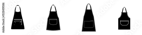 Set of four minimalistic apron icons showcasing various designs and styles for kitchen and culinary applications