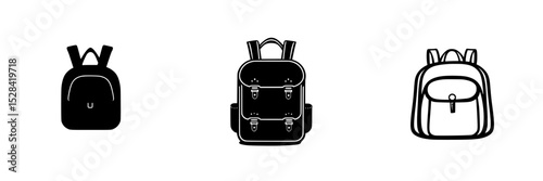 Icon set of various backpack designs showcasing different styles and features for daily use or travel