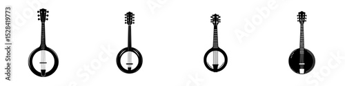 Icon set featuring various styles of banjo illustrations against a plain background