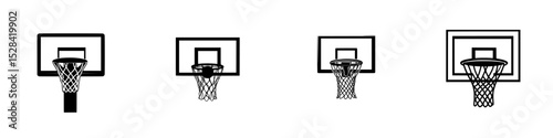 Unique icon set of basketball hoops in different designs showcasing various perspectives and styles