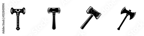 Various icon designs of hammers and axes for creative projects and applications in black and white style