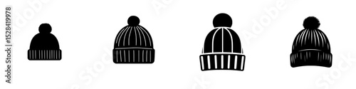 Collection of four distinct beanie icons showcasing variations in design and style while maintaining a monochromatic color scheme