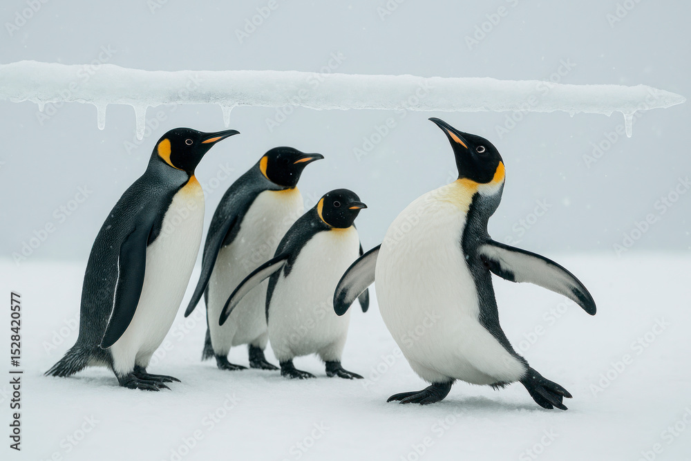 Fototapeta premium Four penguins next to an icicle.