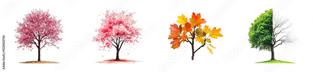 Seasonal tree changes nature vibrant colors landscape. Cut out png set Seasonal tree changes nature vibrant colors landscape. Cut out png set