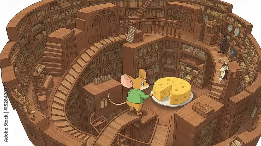 Animated Mouse in a Wooden Library Reaching for a Giant Cheese Wheel Cartoon Style