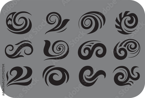 Twelve Black Swirl and Wave Designs on a Gray Rounded Rectangle Background Suitable for Tattoos Logos or Decorative Elements with a Modern and Abstract Aesthetic