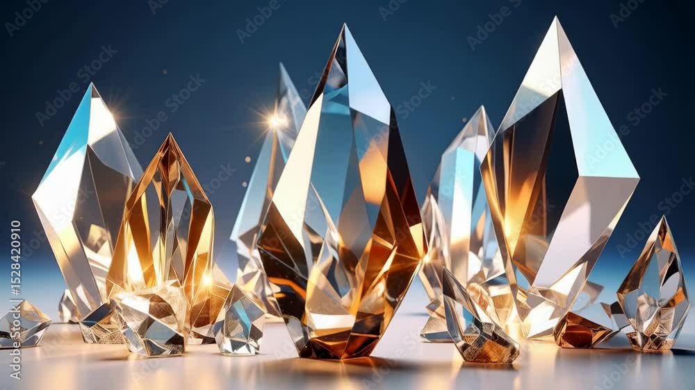 A cluster of shimmering crystals, facets reflecting light and creating geometric abstractions against a dark blue backdrop.
