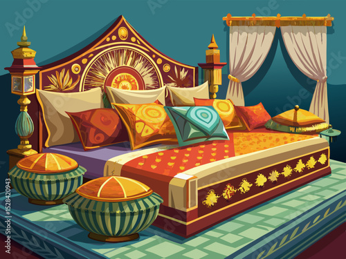 vector of A few cushions on the traditional design bed...