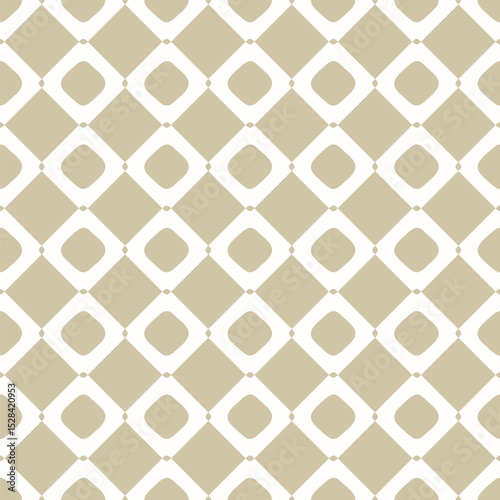 Simple vector abstract seamless pattern. Gold and white checkered geometric texture with rounded shapes, squares, grid. Simple basic geo background. Repeat golden design for decor, print, wallpapers