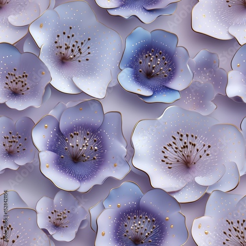 A seamless 3D render pattern of elegant blue and purple flowers with golden edges and shimmering golden and white accents, creating a luxurious and ethereal floral design.