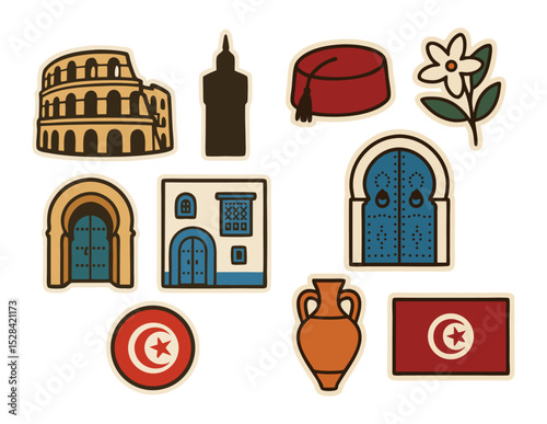 Tunisia Travel Icons – Vector Stickers of Tunisian Architecture, Culture and National Symbols – Transparent Background
