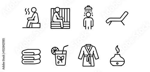 Spa and Wellness Outline Icons – Minimalist Vector Set of Relaxation, Sauna, Massage and Aromatherapy – Transparent Background
