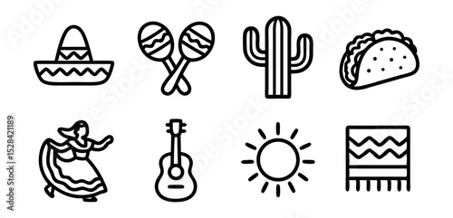 Mexico Outline Icons – Linear Vector Set of Mexican Culture, Food and Traditions – Transparent Background
