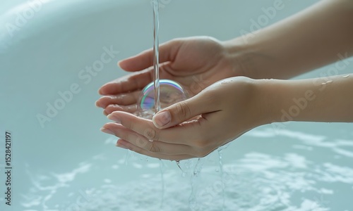 A realistic photo of hands rinsing under running water, soap being washed off