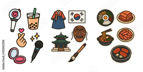 South Korea Travel Icons – Vector Stickers of Korean Culture, K-pop, Food and Traditions – Transparent Background
