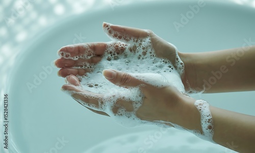 Clean Hands Covered in Soap Suds Over Teal Sink