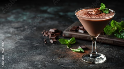 An enticing chocolate martini served in an elegant glass, garnished with fresh mint leaves, perfect for indulgent occasions or a delightful dessert experience.