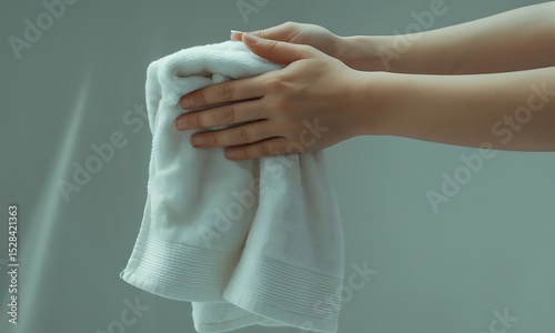 Hands Holding Soft White Towel in Minimalist Bathroom