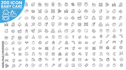 set of 200 icon Baby care Line Icons set. Editable Stroke. Child, baby boys, family, human age, diaper, child sleeping, child care and more. Vector Illustration