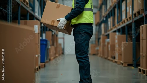 Warehouse worker wearing yellow safety vest carrying cardboard box running through industrial storage facility. Male employee rushing packages during urgent delivery operation. Logistics for shipping