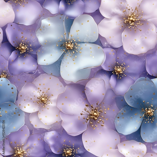 3D render seamless pattern of layered blue and purple flowers with sparkling golden stamens and scattered glitter, creating a rich, opulent, and magical floral design.