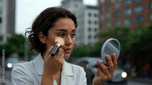 Professional woman applying foundation makeup with brush looking in compact mirror outdoors. Female model using cosmetic products during beauty routine. Urban skincare concept for anti aging