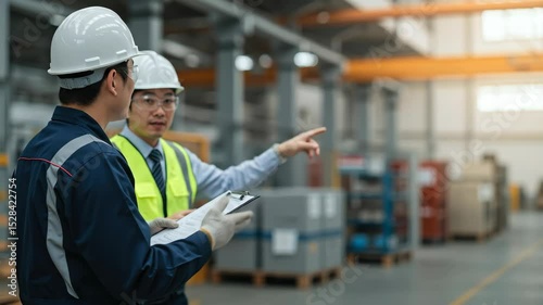 industrial workers wearing hard hats safety vests discussing checklist in warehouse facility. Male employees conducting quality inspection during manufacturing shift. Workplace safety for production