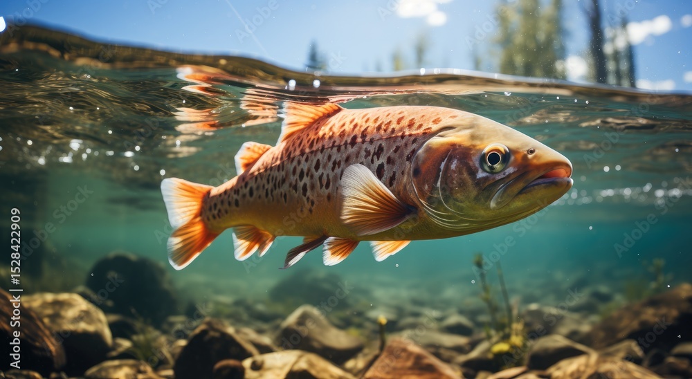 Fototapeta premium A stunning brown trout gracefully swimming through clear waters, showcasing its vibrant colors and intricate patterns. The aquatic environment blooms with life and serenity.