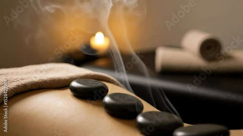 Hot stone massage therapy with black volcanic rocks placed on back creating relaxing spa treatment. Heated stones providing therapeutic wellness session. Alternative medicine for holistic healing