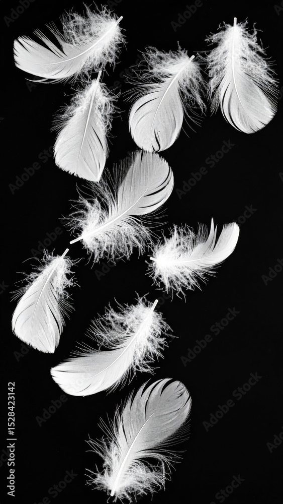 Obraz premium White Feathers Falling on Black Background