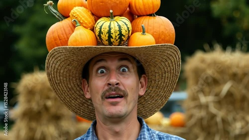 Funny caucasian man wearing straw hat with pumpkins gourds balanced on head making surprised expression. Male farmer displaying autumn harvest vegetables. Halloween concept for seasonal celebration