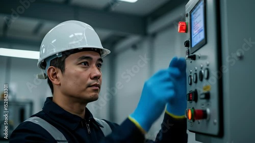 technician wearing white hard hat blue gloves operating control panel in industrial facility. Male worker pressing buttons during equipment maintenance procedure. Manufacturing concept for automation