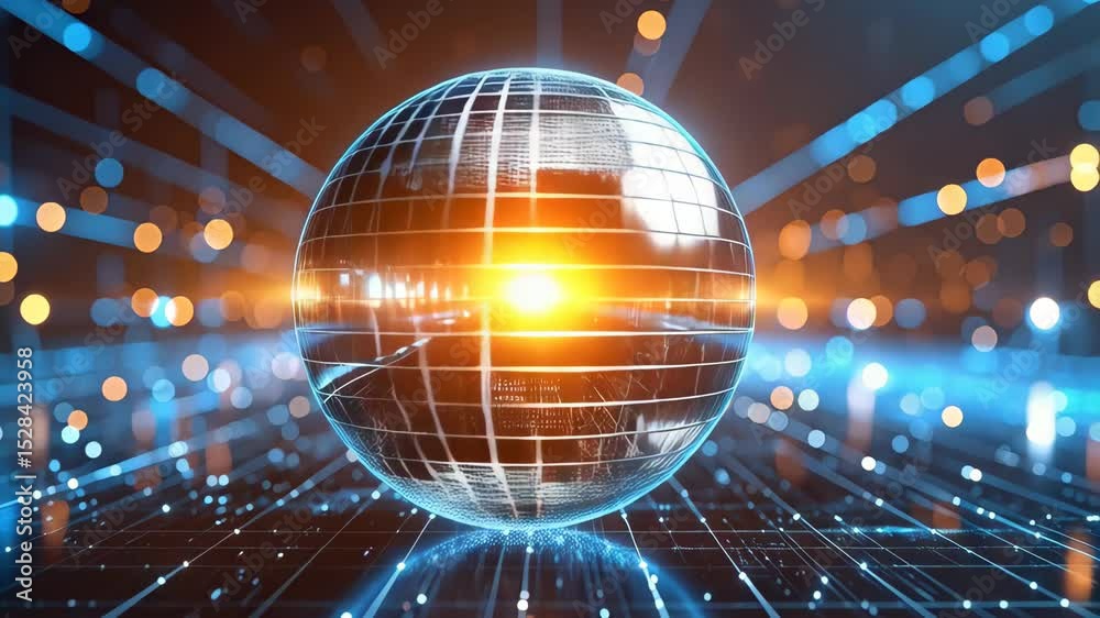 Abstract globe with a grid design and bokeh lights creating a network with illuminated lines and glowing points in a digital blue space