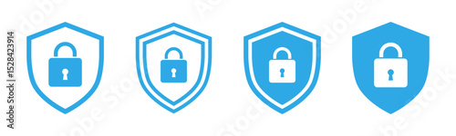 Security shield with lock symbol icon set for protection vector illustration in blue color.