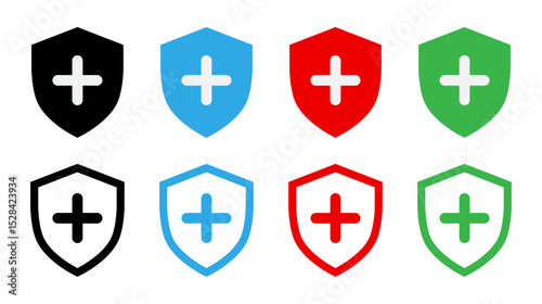 Security shield with plus mark icon set vector illustration in stroke and fill style.