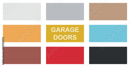 Set of 9 pcs panoramic backgrounds of different colors garage doors, horizontal lines - Vector illustration