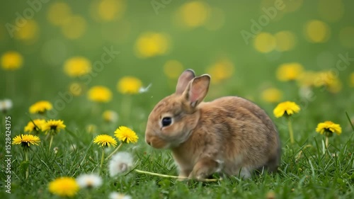 Cute brown rabbit holding dandelion flower in green meadow with yellow wildflowers. Small bunny exploring spring nature outdoors. Easter concept for seasonal celebration greeting cards