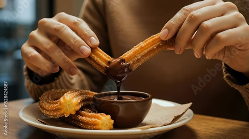 Hands dipping churros into melted chocolate sauce on wooden table with warm lighting. Golden fried pastry dessert for sweet indulgence. Spanish cuisine concept for restaurant cafe bakery