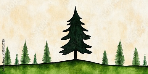 Green Hill with Tall Evergreen Tree under Cream Sky Digital Illustration