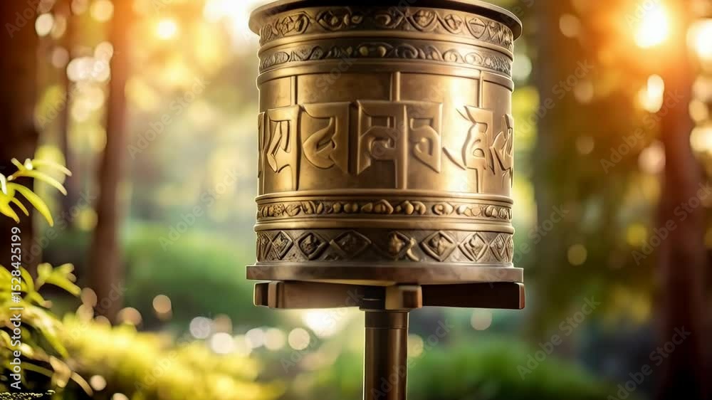 Detailed outdoor shot of a decorative prayer wheel adorned with intricate carvings and symbolic inscriptions surrounded by lush greenery.