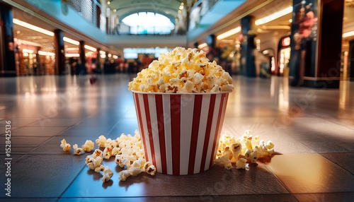 popcorn at the mall a bucket of popcorn sits on the floor of a bright shopping mall ready for a movie