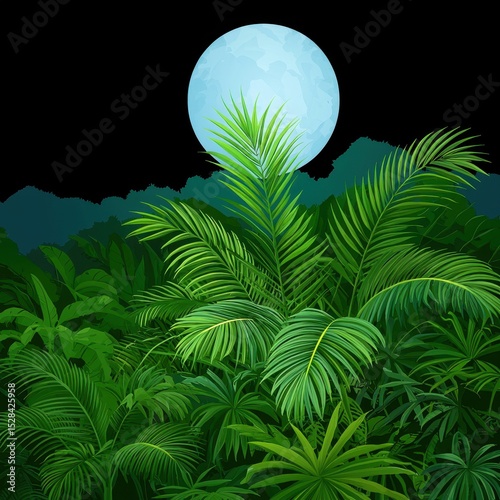 Tropical Forest Full Moon Night Illustration Lush Green Vegetation Detailed Scene