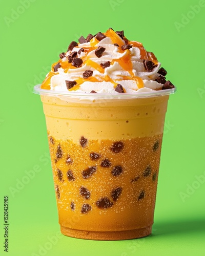 Vibrant Yellow Orange Smoothie with Chocolate Chips and Caramel Drizzle on Green Background