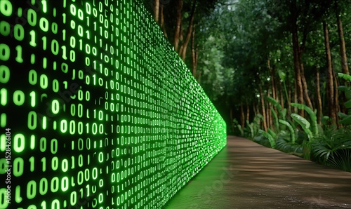 Luminous Green Binary Code Wall Beside a Tropical Forest Path